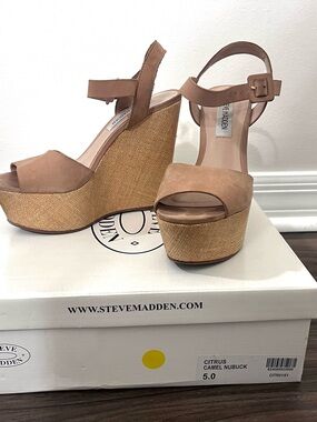 Steve Madden Camel Nubuck Platform Wedge Sandals